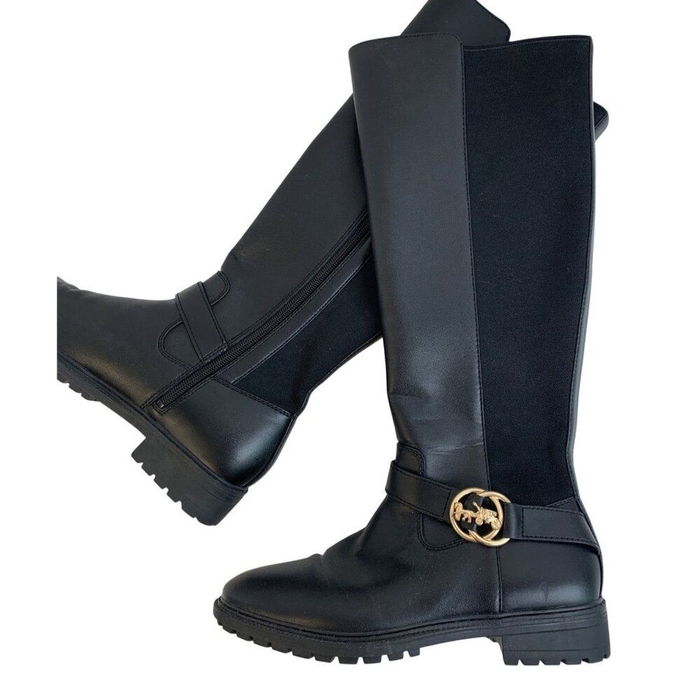 Coach Black Farrah Riding Boots Womens Size 6.5B Leather & Knit Low Heel C0625